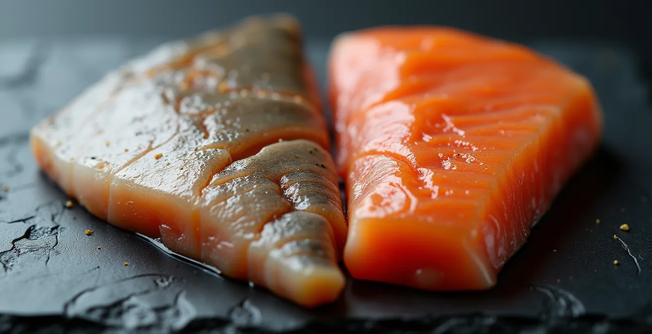 Comparison of properly aged fish surface showing a dry pellicle versus a spoiled fish with moisture