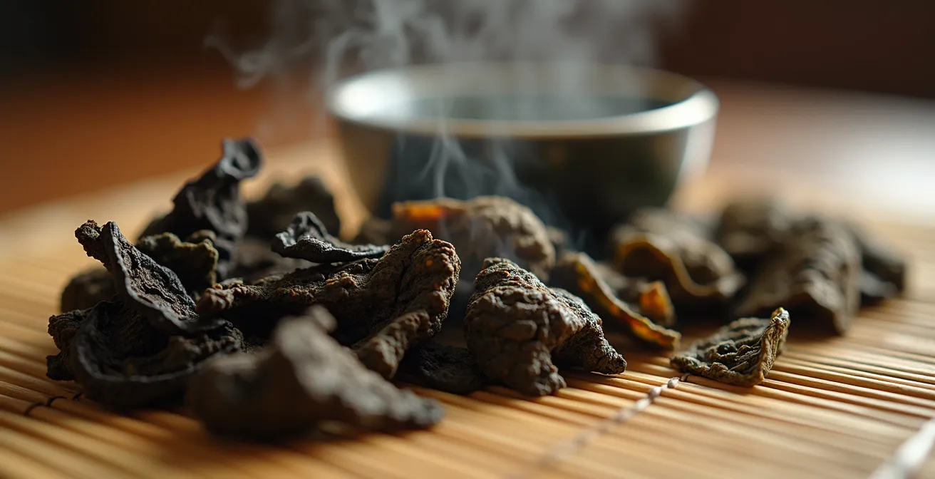 Traditional Japanese tea ceremony setup with various aged teas alongside sushi