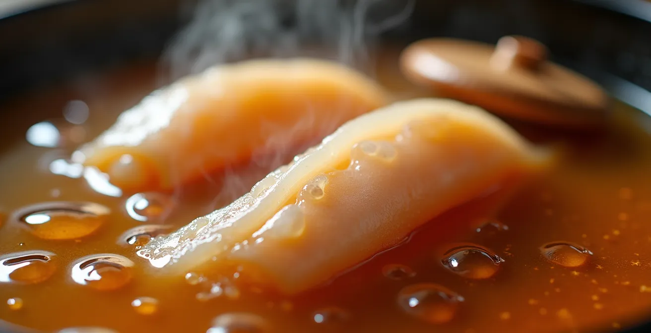 Close-up of anago eel being gently simmered in traditional Japanese cooking vessel