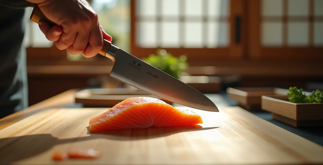 Close-up of chef's hand demonstrating proper pinch grip on yanagiba knife for optimal tactile feedback