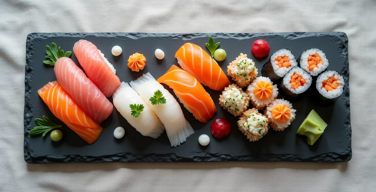 Overhead view of an artfully arranged sushi platter showing color balance and variety