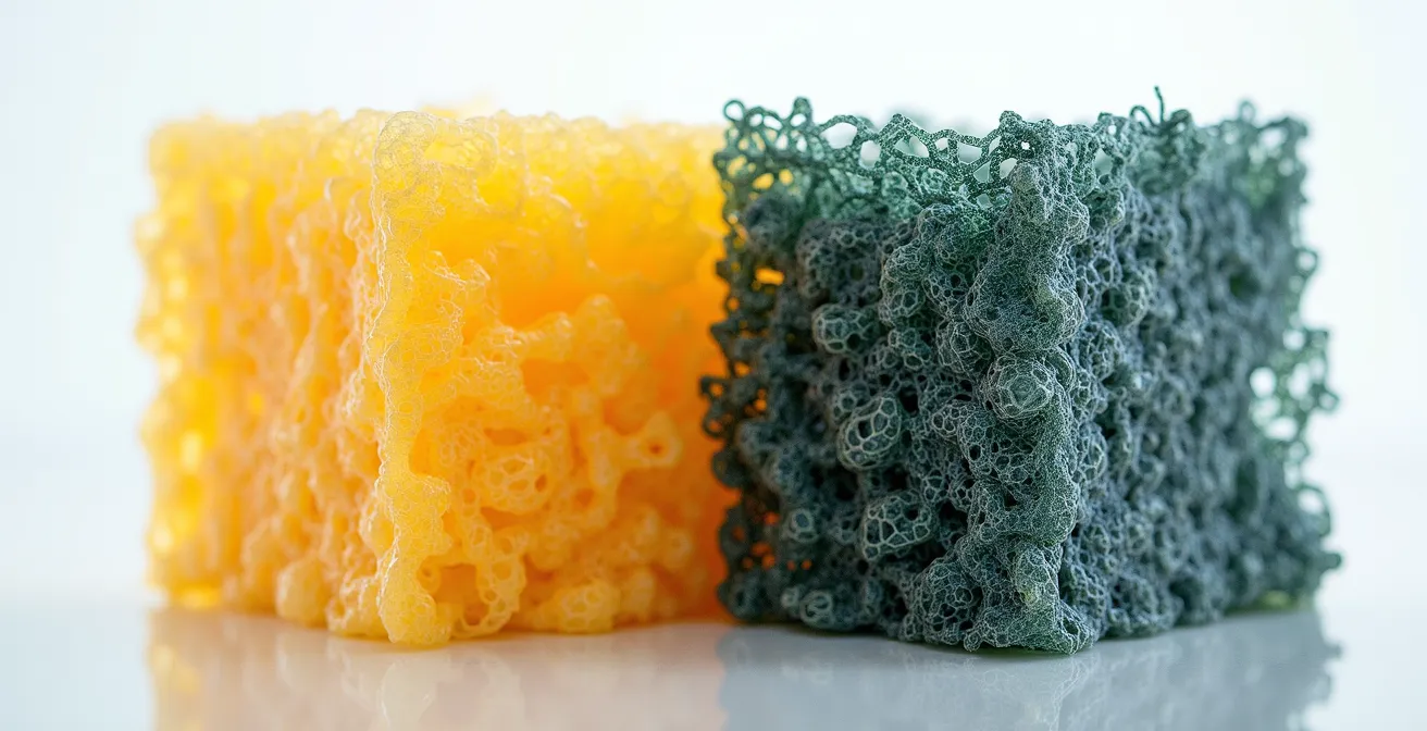 Side-by-side comparison of gold and blue grade nori texture under magnification