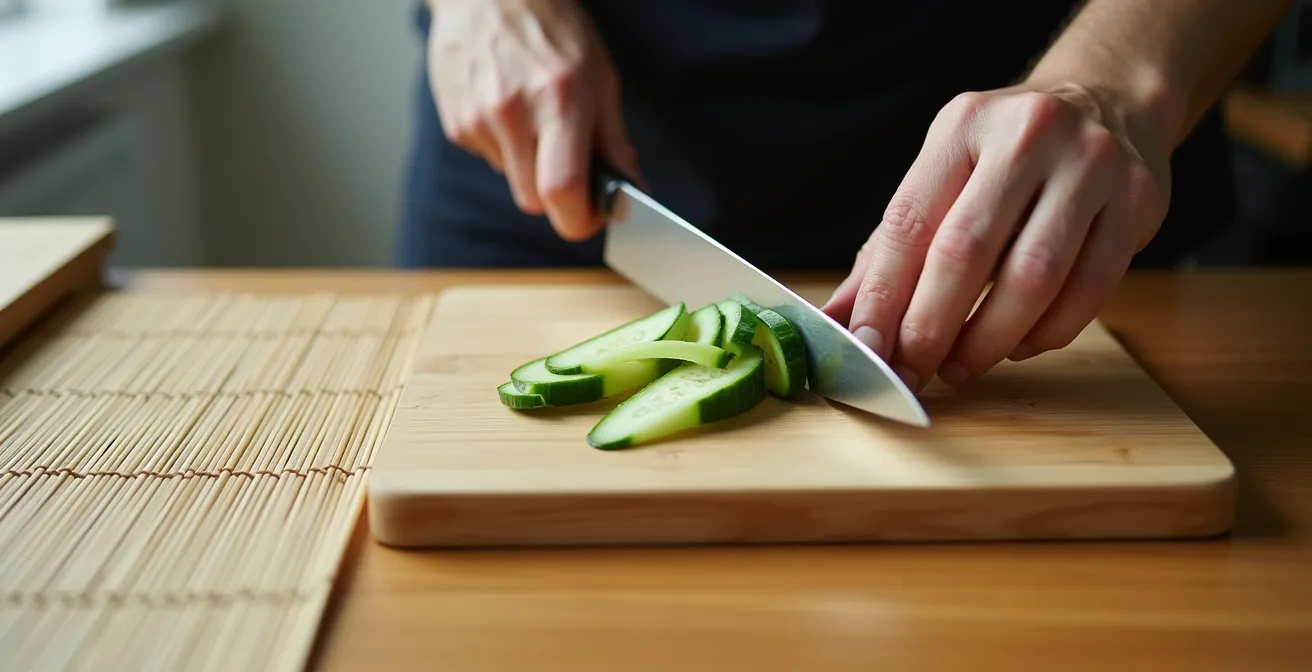 Hands demonstrating proper cucumber julienne cutting technique on wooden board
