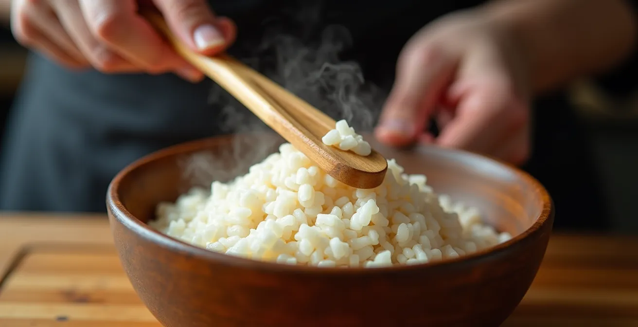 Hands demonstrating cut-and-fold rice mixing technique with wooden paddle