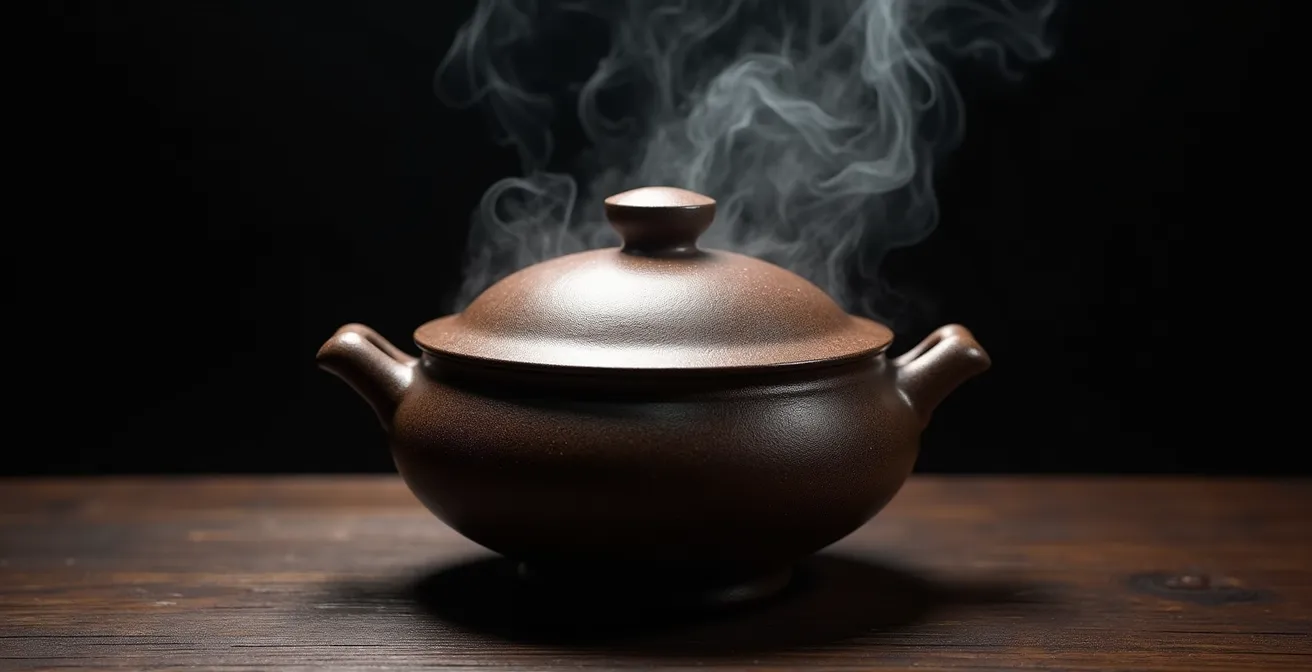 Traditional Japanese donabe ceramic pot with steam rising