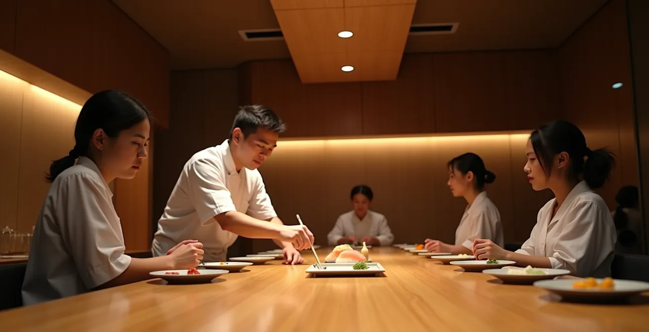 Wide shot of minimalist omakase counter with chef serving guests
