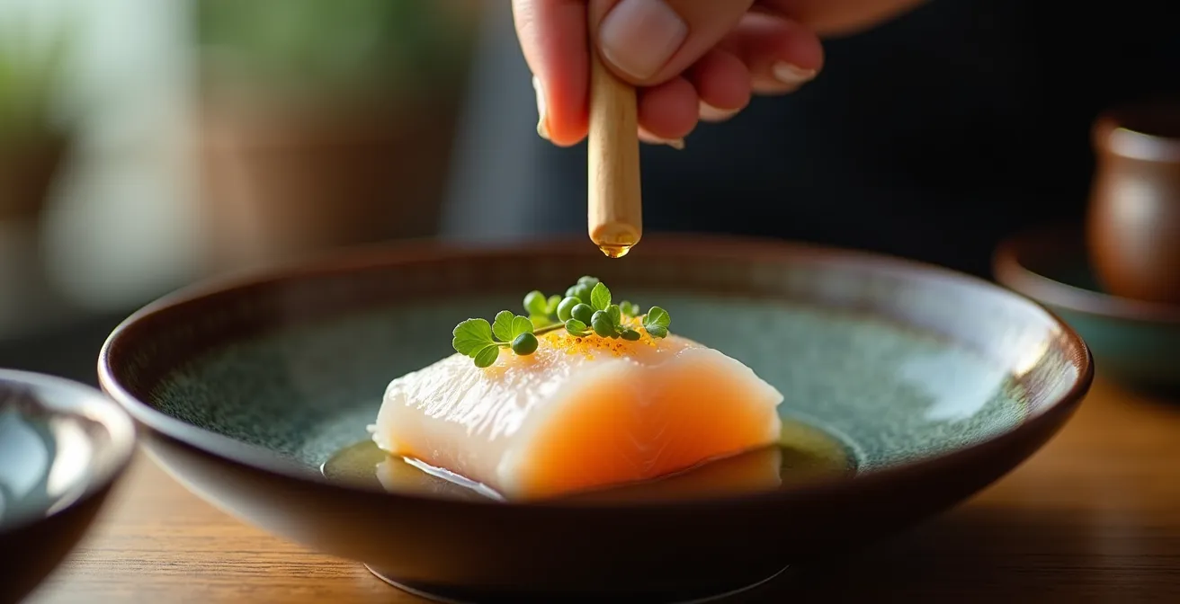 Delicate flounder sashimi with minimal seasoning presentation