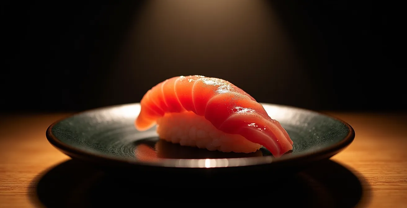 Dramatic overhead lighting illuminating a single piece of nigiri on a dark plate