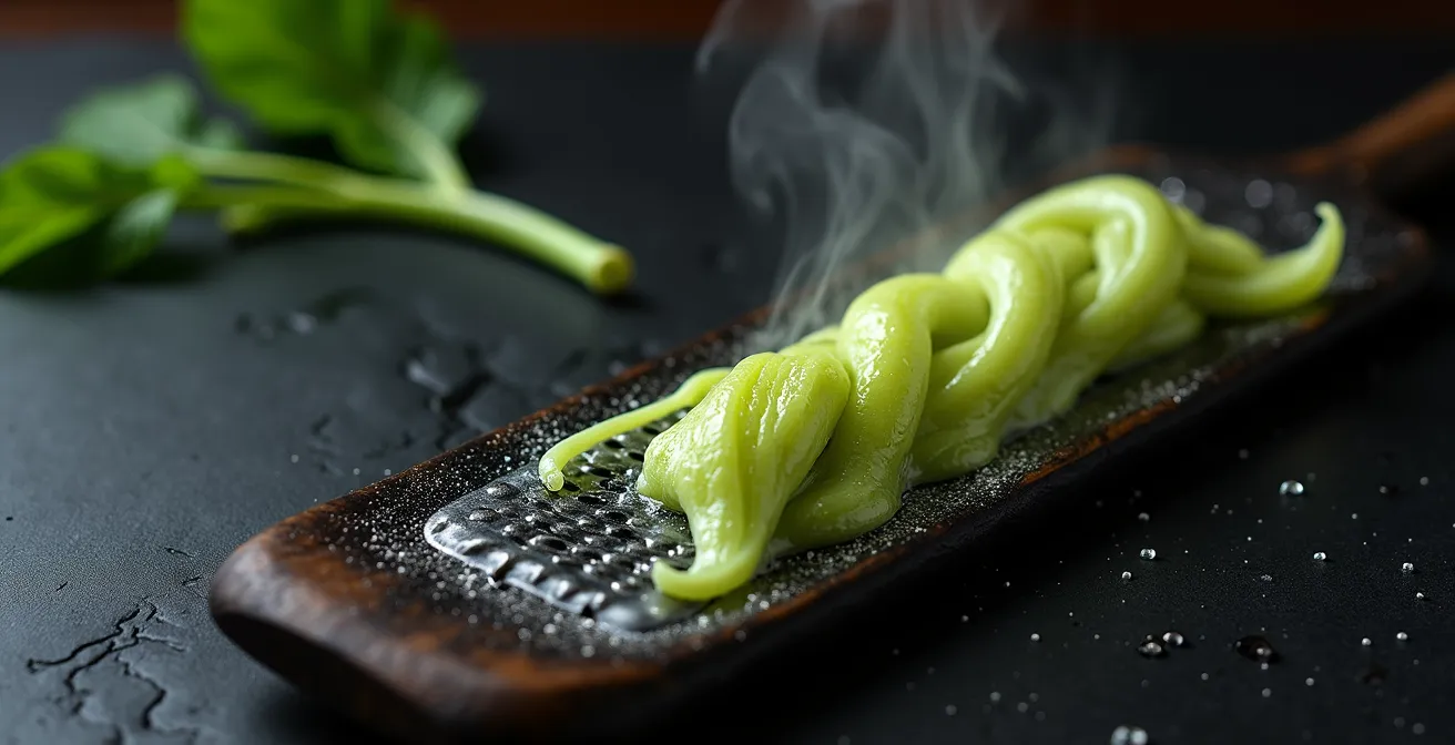 Traditional sharkskin grater with fresh wasabi root being prepared, showing the authentic preparation method