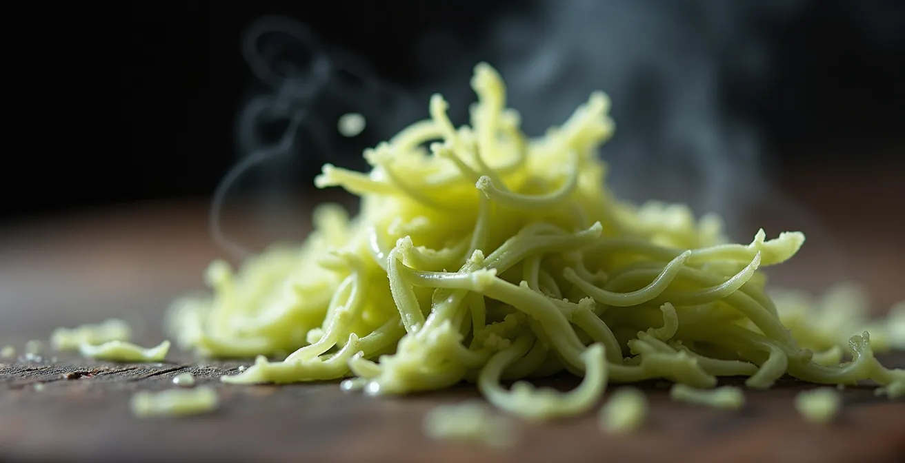 Extreme close-up of fresh wasabi rhizome being grated on a traditional sharkskin oroshi grater