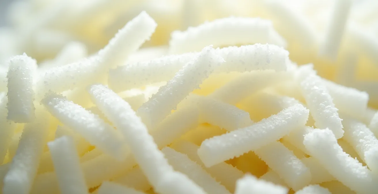 Macro shot of freshly grated daikon showing crystalline texture