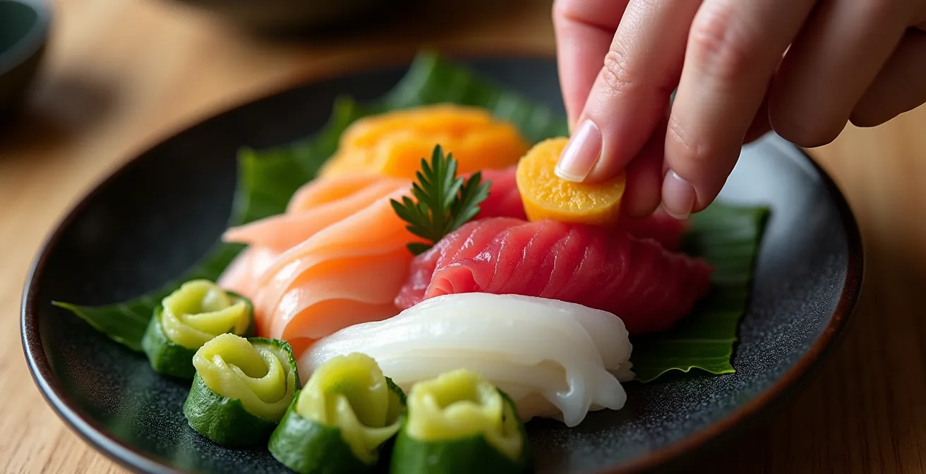 Overhead view of sashimi platter arranged following the traditional Japanese five-color principle