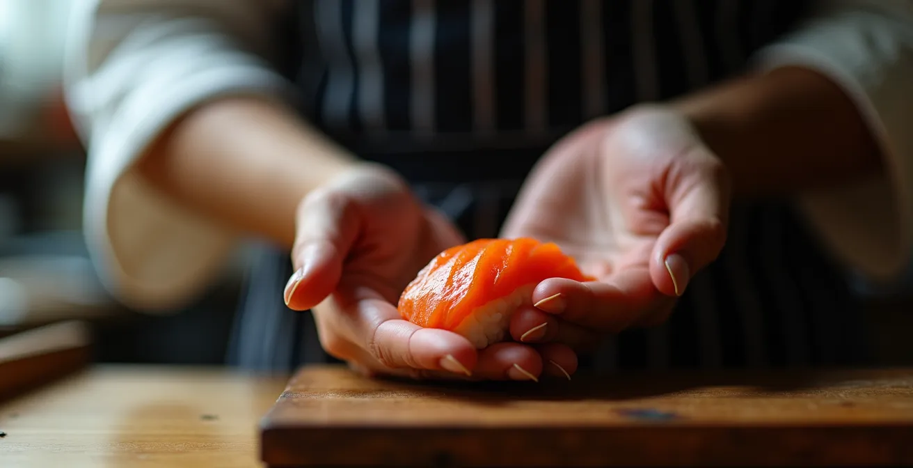 Hands demonstrating three-zone pressure model for nigiri shaping