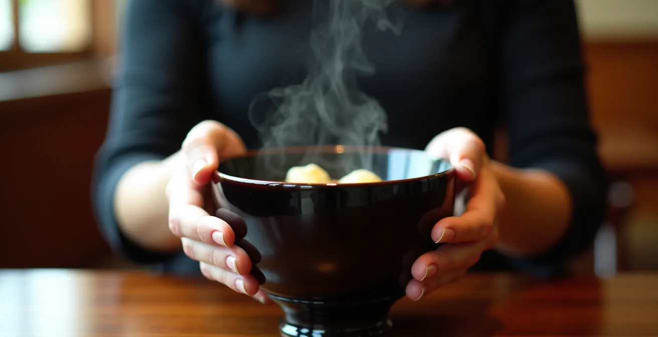 Traditional Japanese method of holding and drinking miso soup from lacquerware bowl