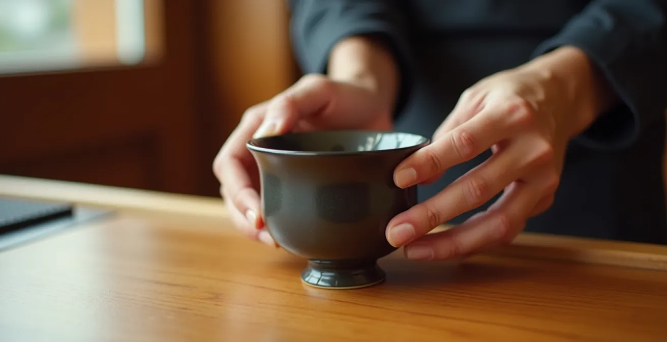 Hands placing empty Japanese tea cup forward on counter as signal