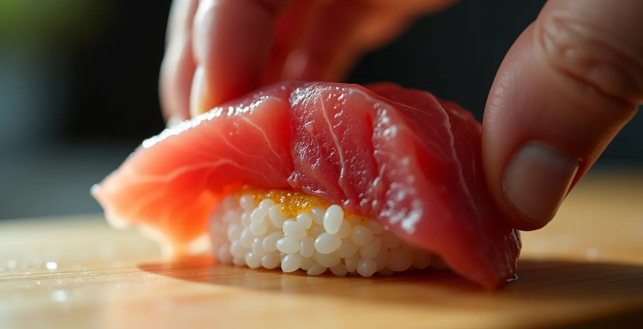 Close-up of chef's hands pressing fresh tuna onto vinegared rice