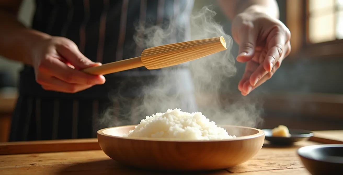Japanese chef using uchiwa fan to cool sushi rice creating glossy finish
