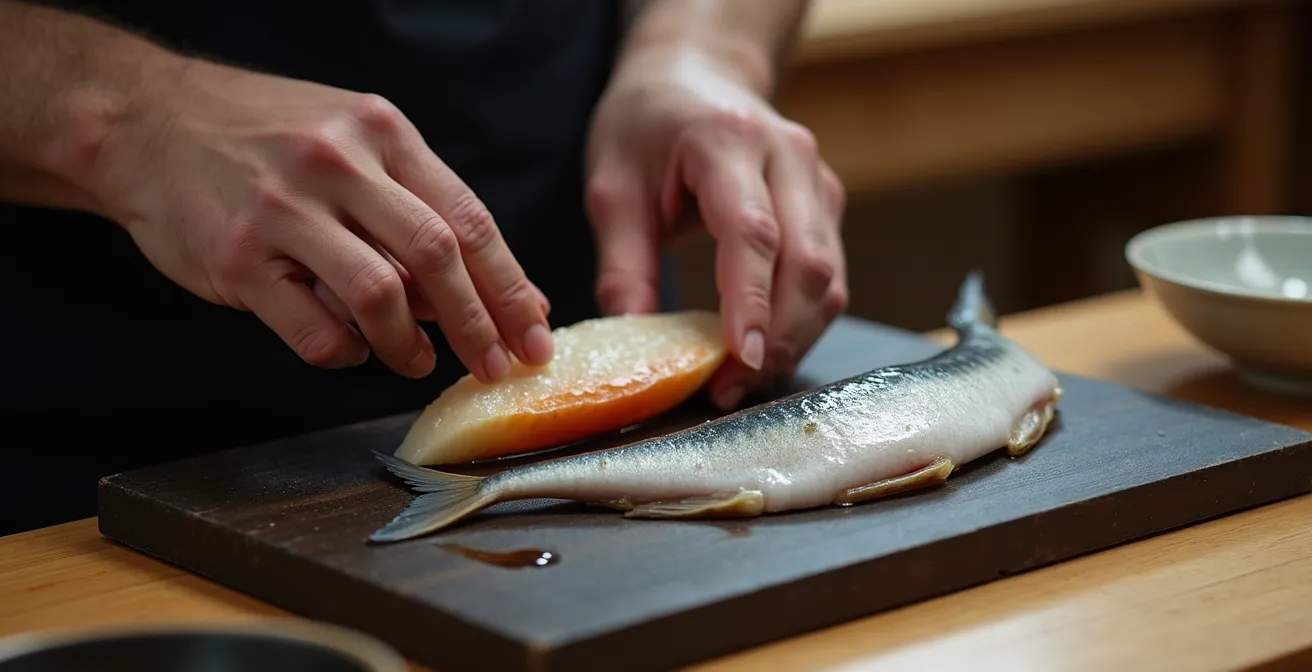 Japanese chef's hands carefully preparing vinegar-cured mackerel with traditional techniques