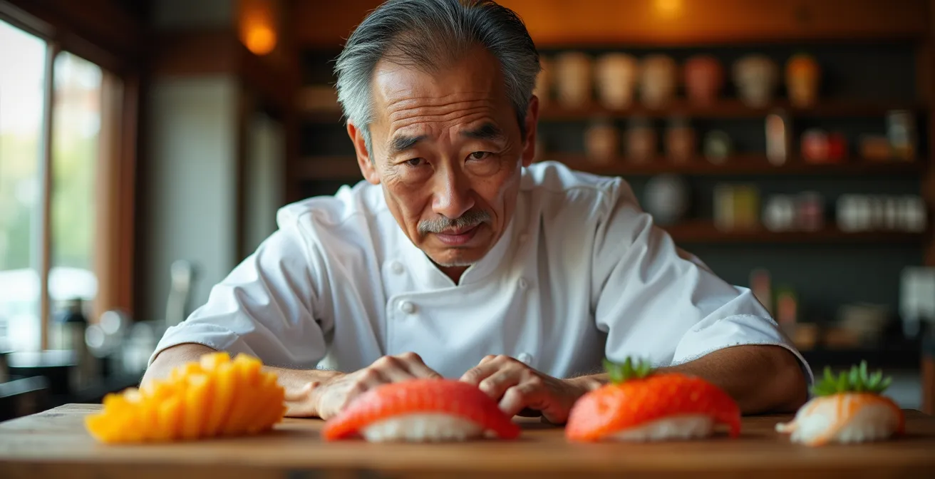 Japanese sushi chef examining colorful tropical fruits with a contemplative expression