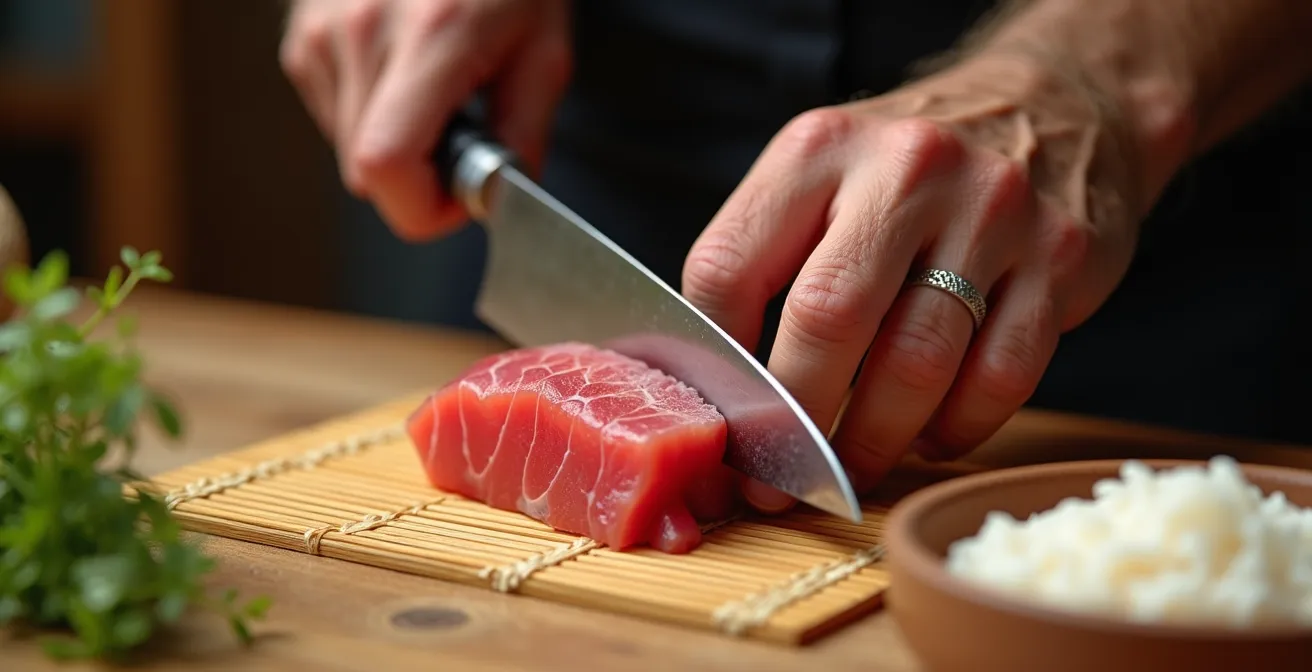 Close-up of master sushi chef's hands preparing nigiri with traditional knife