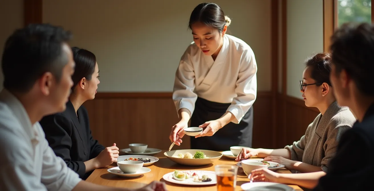 Japanese chef demonstrating the subtle art of plate clearing without disrupting diners