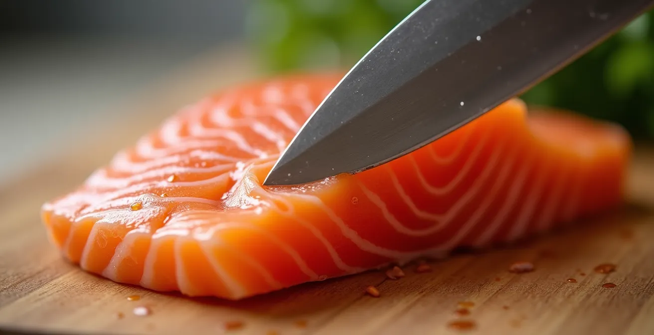 Sharp knife cutting salmon at a precise angle on a wooden board