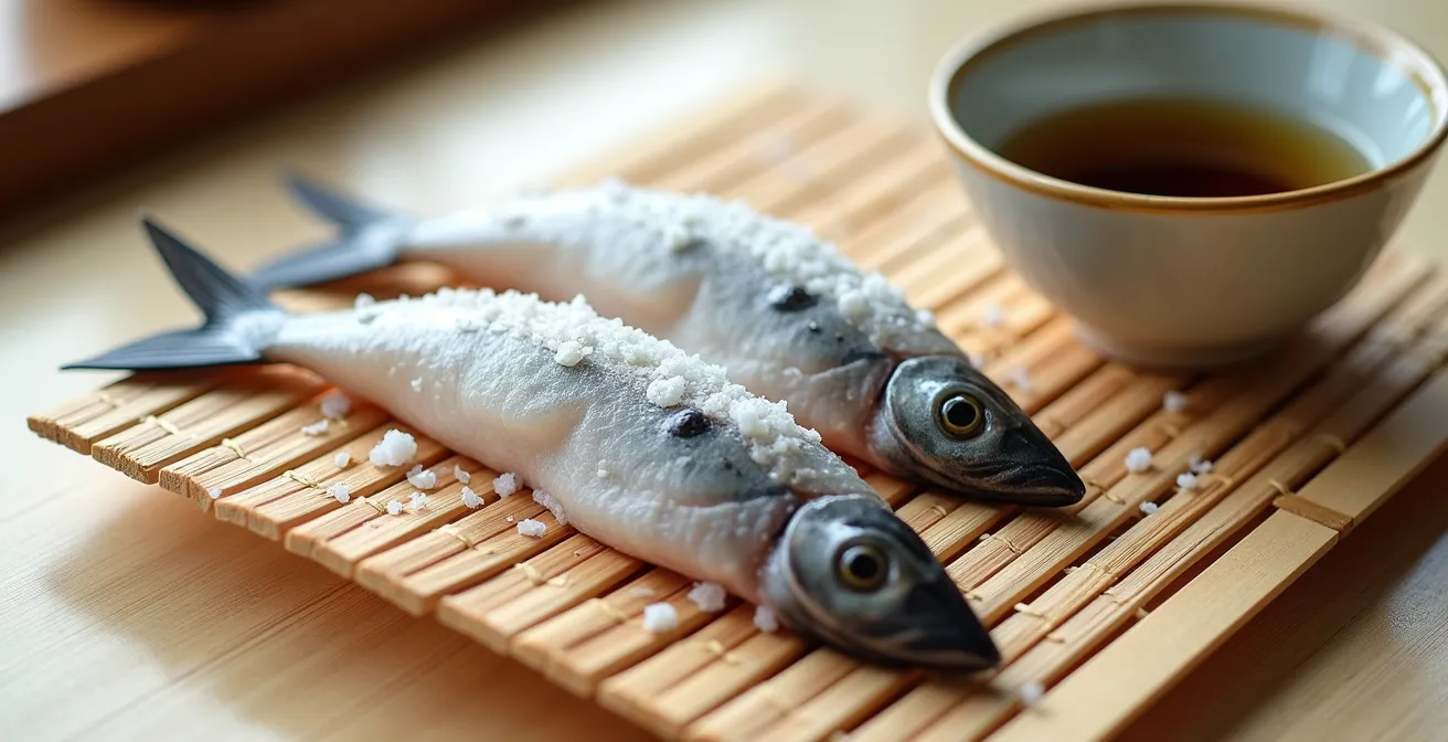 Mackerel fillets being cured with coarse salt crystals on a bamboo mat