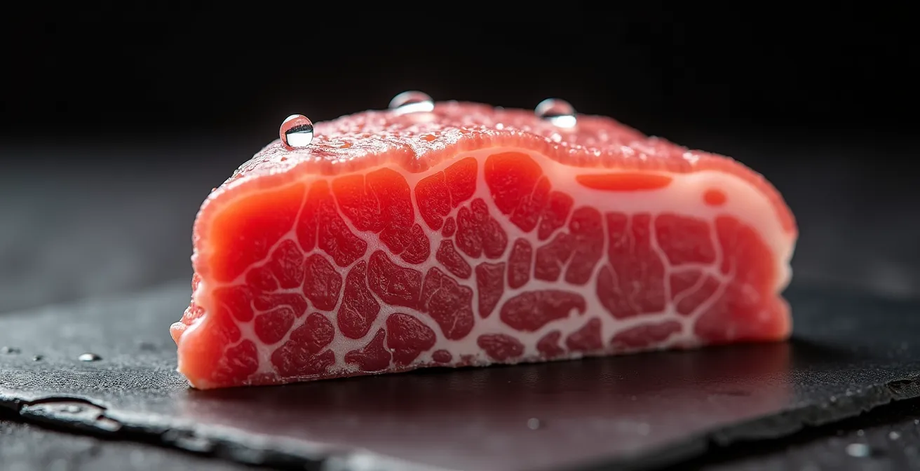 Extreme close-up of bluefin tuna's marbled fat patterns showing shimofuri quality