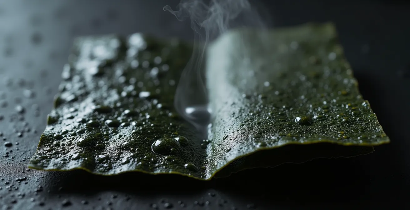 Extreme close-up of nori sheet showing crispy texture transformation