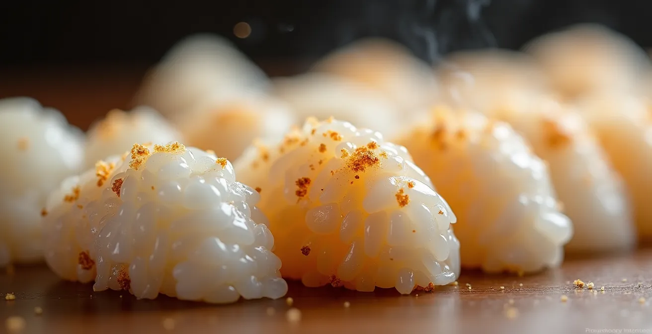 Extreme close-up of individual sushi rice grains showing glossy vinegar coating and steam patterns