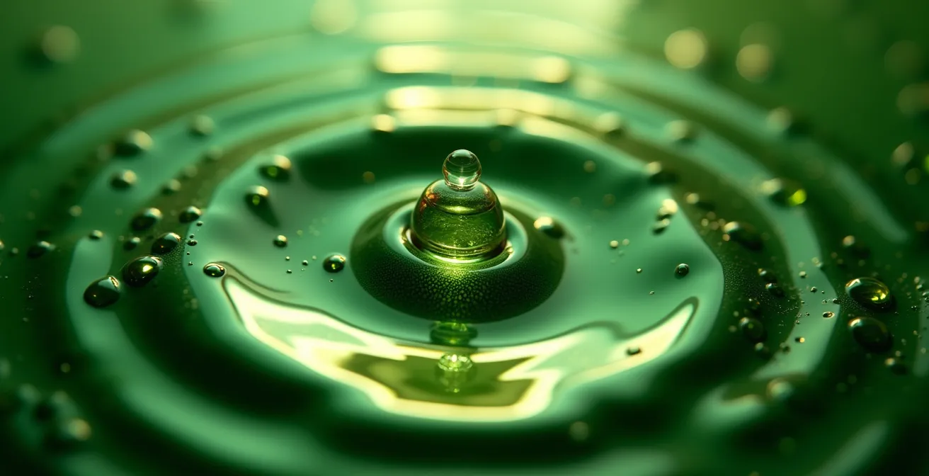 Extreme close-up of green tea surface showing oil separation patterns