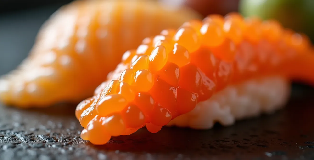 Extreme close-up of sea urchin and salmon roe textures