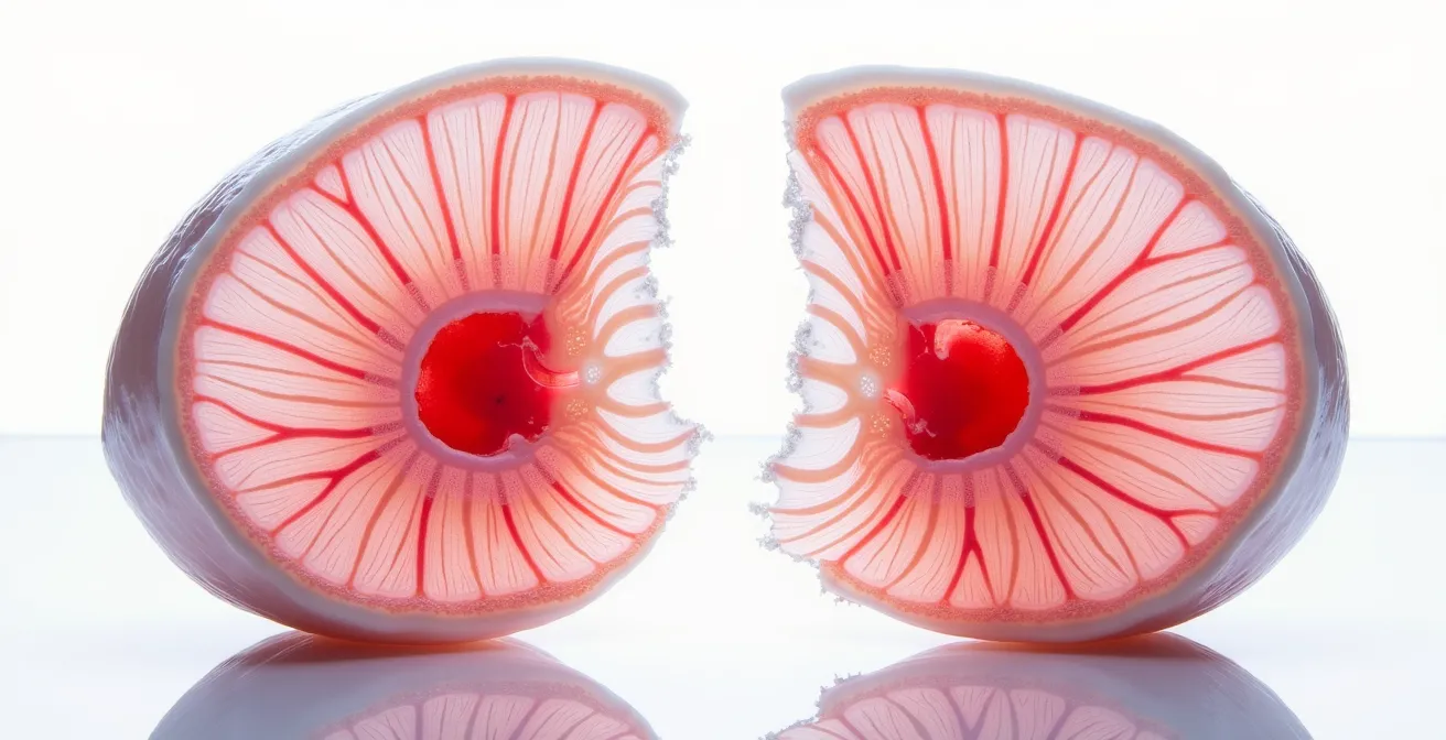 Microscopic view comparing torn and cleanly sliced fish muscle fibers showing cellular integrity differences