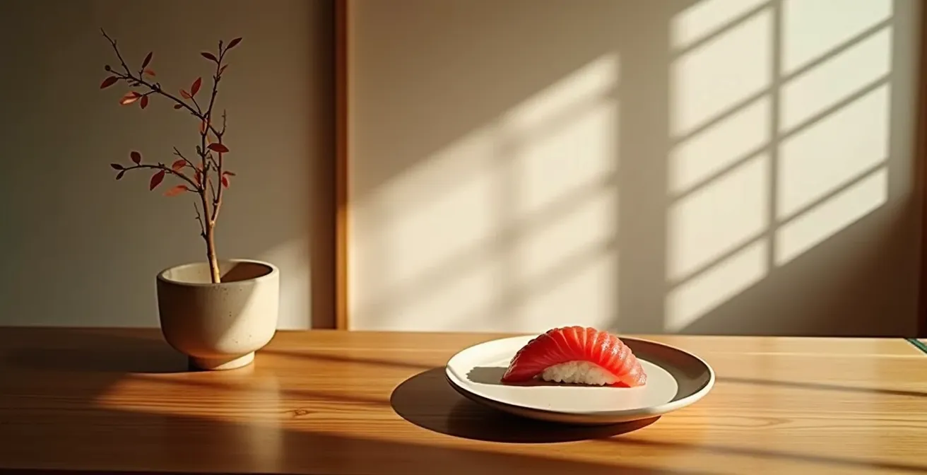 Traditional minimalist sushi counter showing contrast between Japanese aesthetics and Western luxury