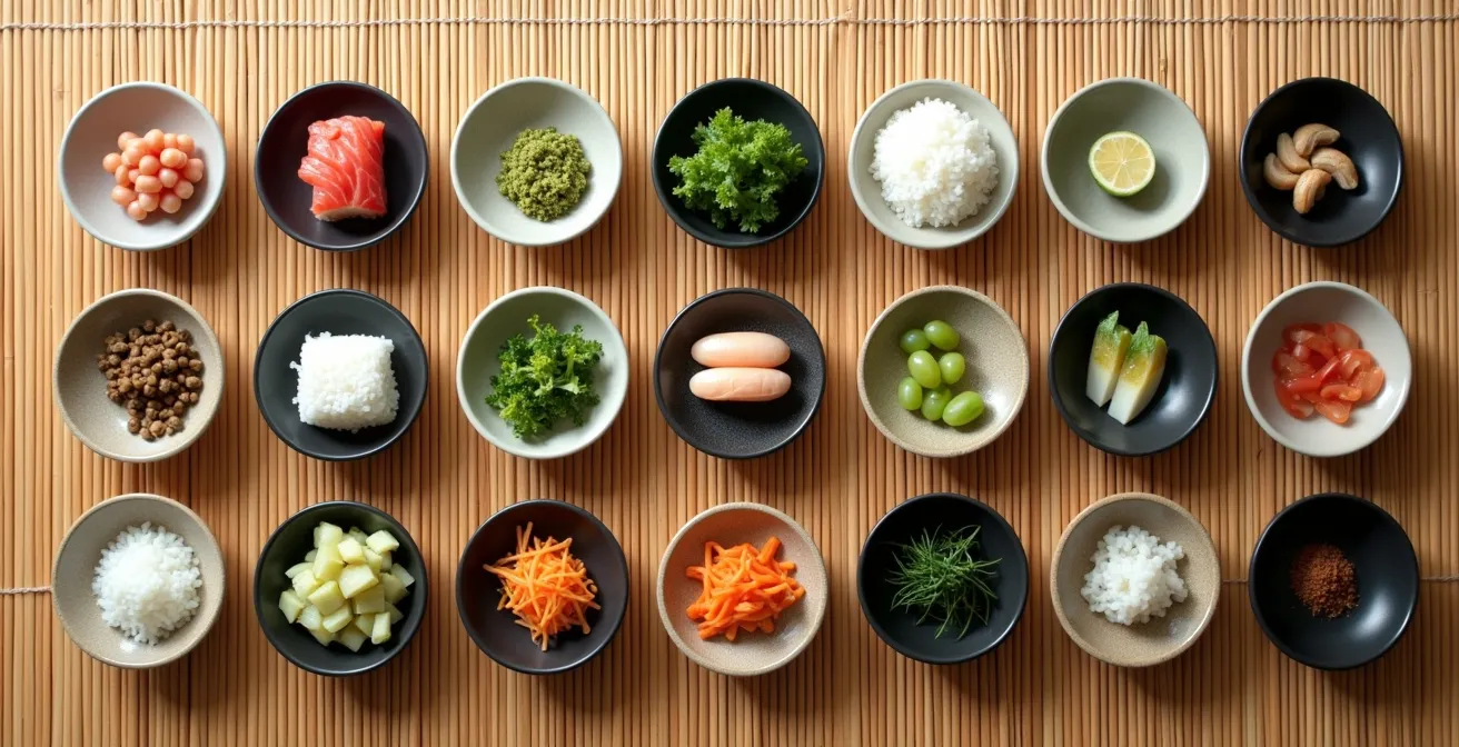 Overhead view of organized sushi ingredients in small bowls ready for assembly