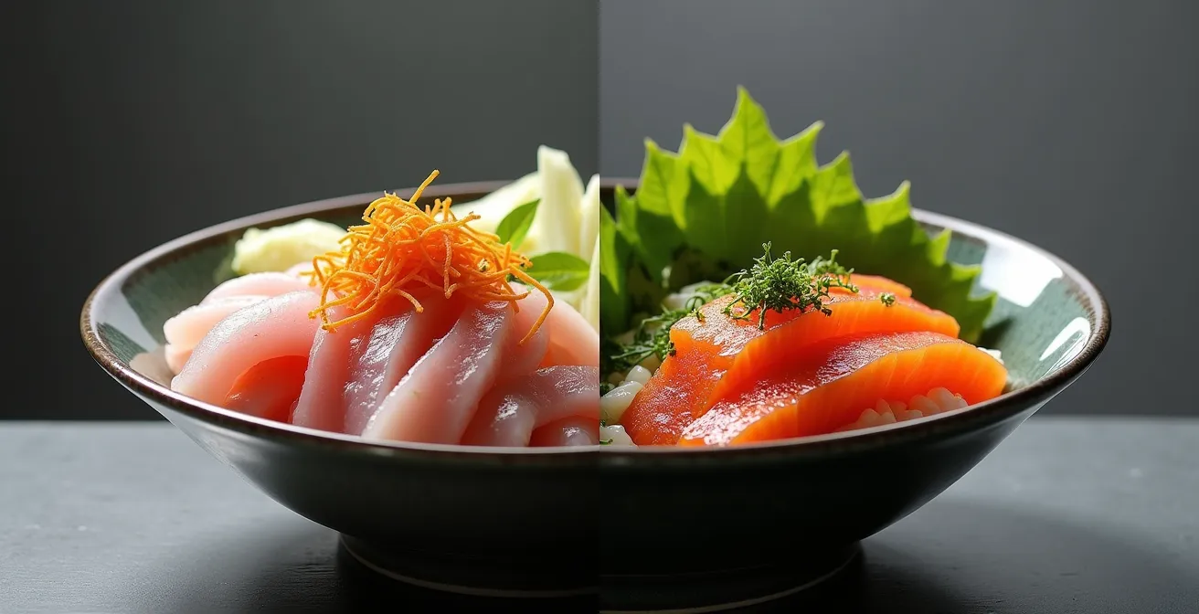 Traditional Japanese moritsuke plating technique applied to chirashi bowl