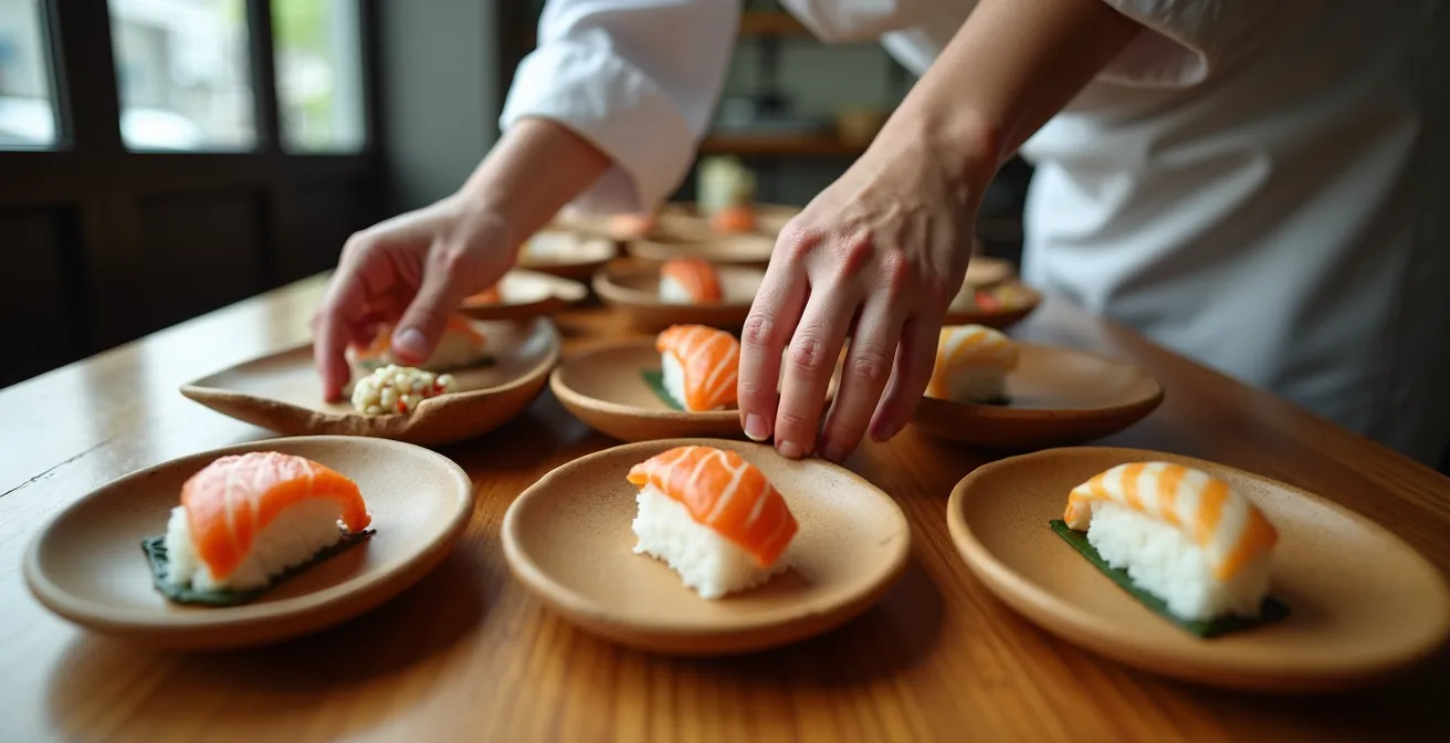 Aerial view of sushi preparation showcasing the textural and color progression from light to rich pieces