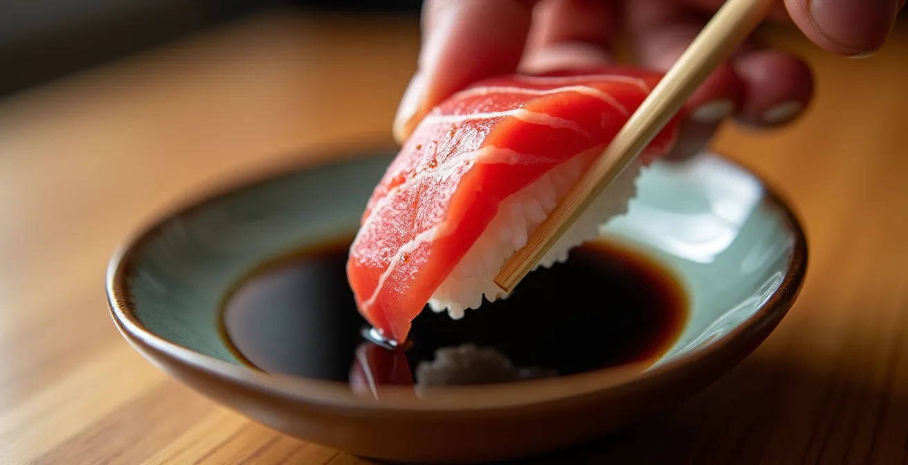 Close-up macro shot of nigiri being properly dipped fish-side into soy sauce