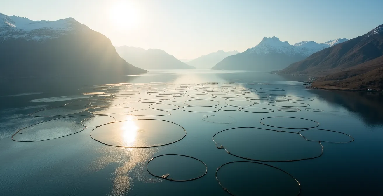Aerial view of Norwegian salmon farms with mountains and fjords in background