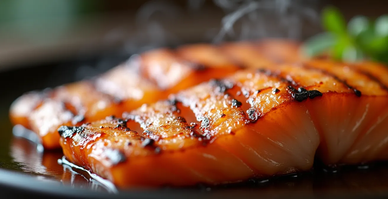 Close-up macro shot of grilled fish with visible char marks showing texture contrast in omakase progression