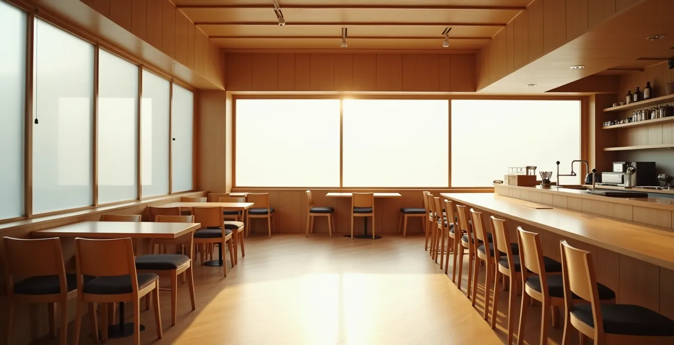 Wide angle view of an exclusive 8-seat sushi counter, emphasizing the premium use of limited space and the economics of the intimate setting.