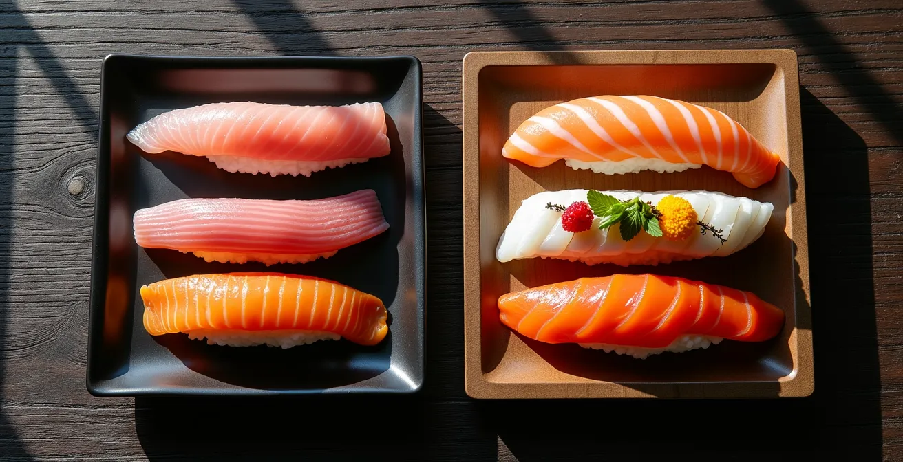 Split composition showing contrasting Tokyo minimalist and Osaka decorative sushi presentations