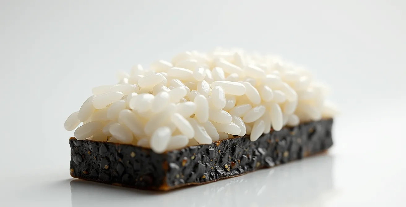Cross-section view of properly spread sushi rice showing ideal 5mm thickness on nori sheet