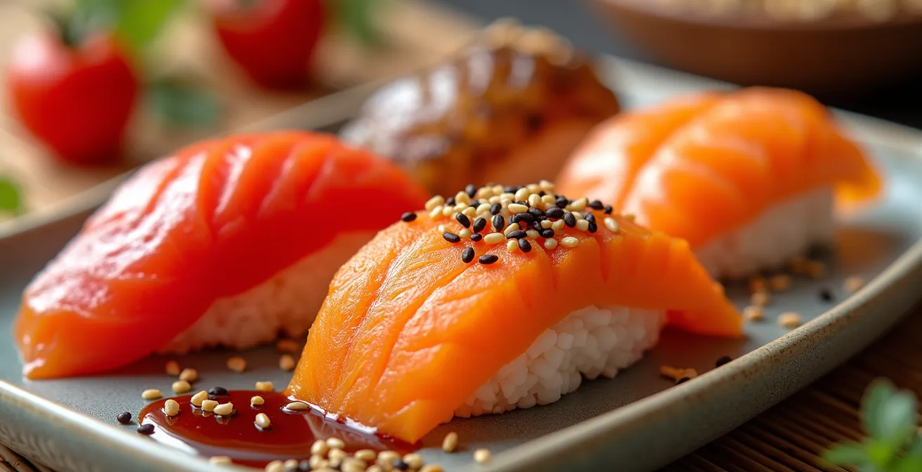 Extreme close-up of plant-based sushi alternatives showing texture details
