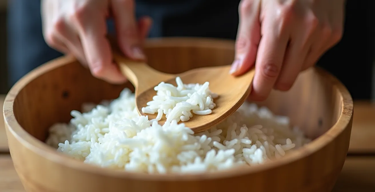 Hands demonstrating the proper cutting angle with a rice paddle through sushi rice