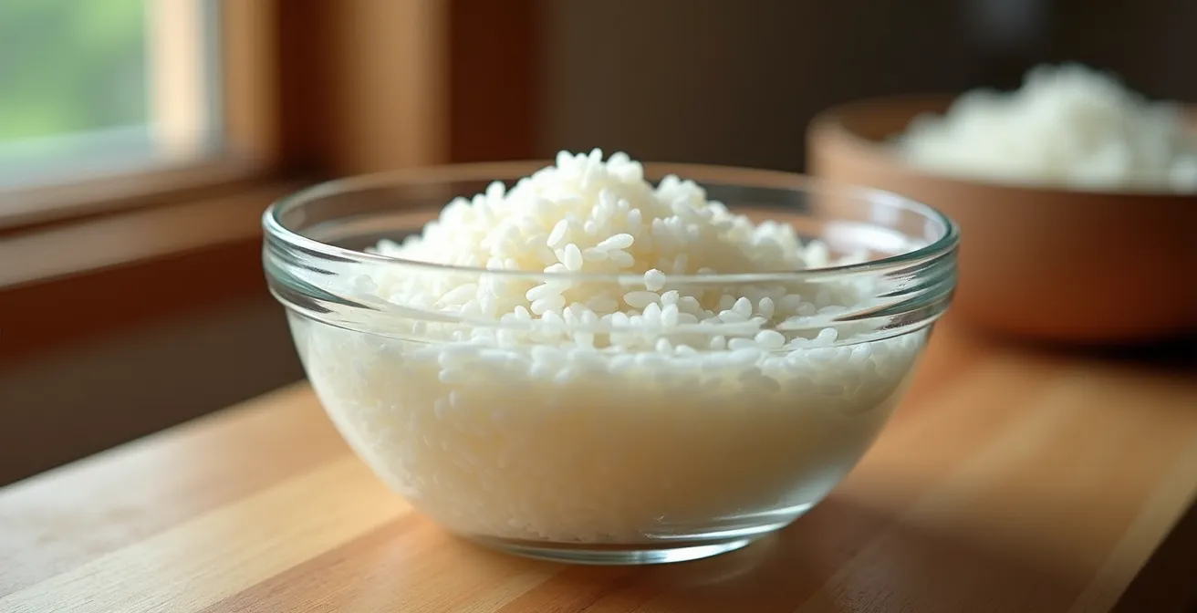 Rice grains soaking in water with visible hydration gradient