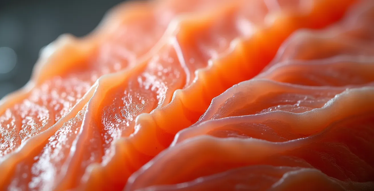 Microscopic view of fish muscle fibers during rigor mortis showing locked actin and myosin filaments