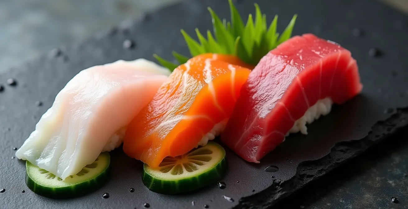 Visual demonstration of sashimi arranged by color from white hirame through pink salmon to deep red tuna