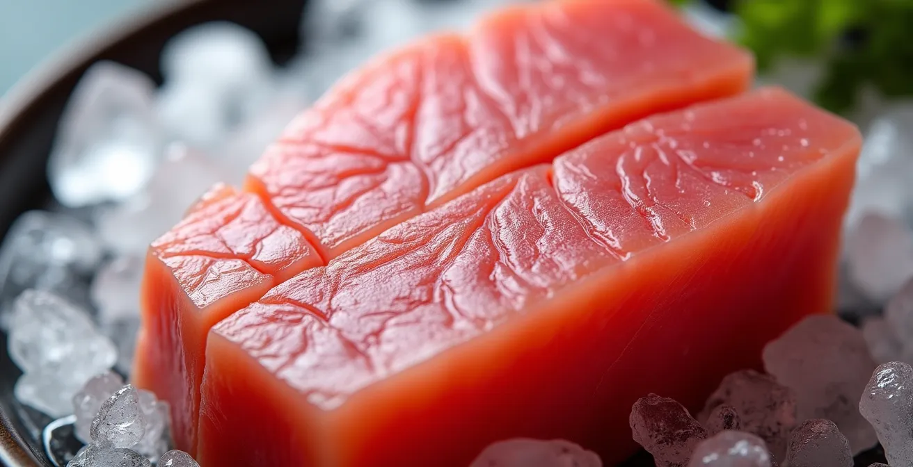 Macro shot of fresh tuna fillet showing tight muscle fibers and natural iridescent sheen