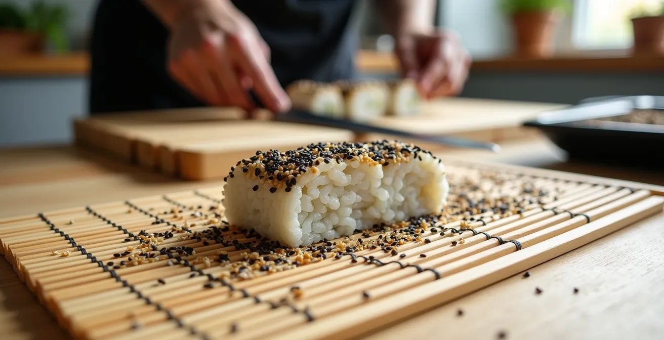 Wide shot of bamboo mat with sesame-coated sushi roll in a professional kitchen setting